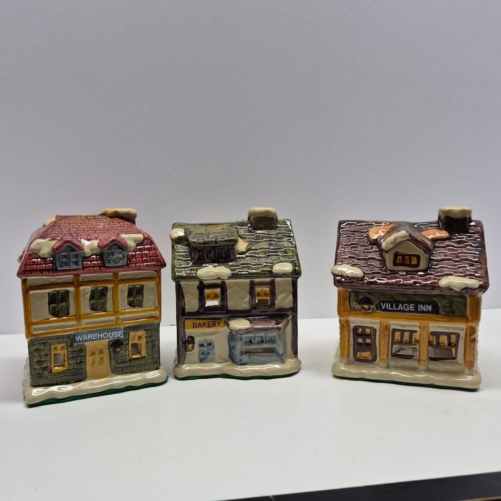 Vintage Christmas Village Ceramic Tea Light Candle Holder Set of 3 Bakery Inn